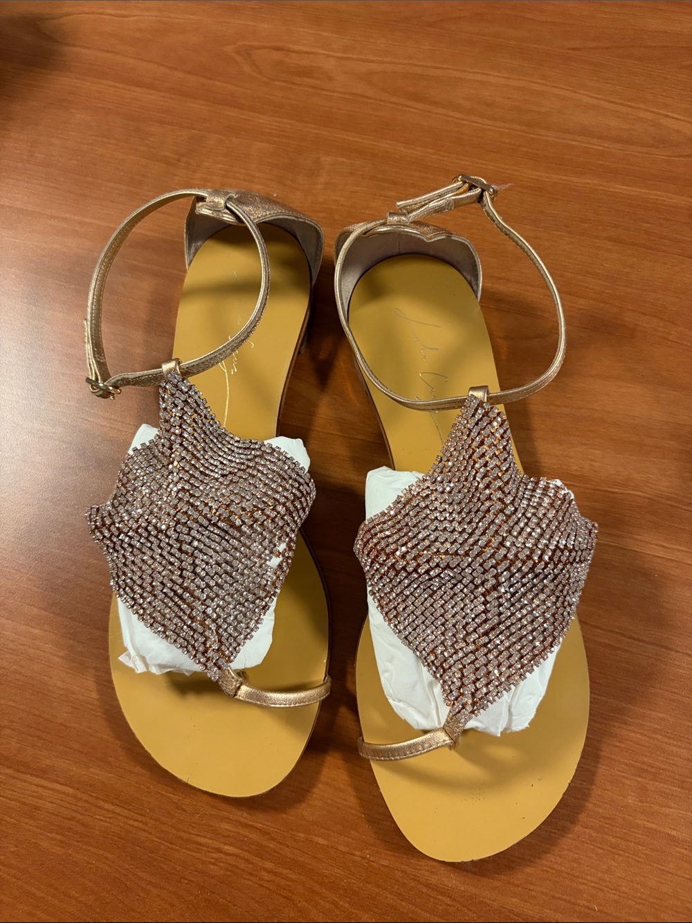 Beaded T-Strap Women's Sandals - Rose Gold